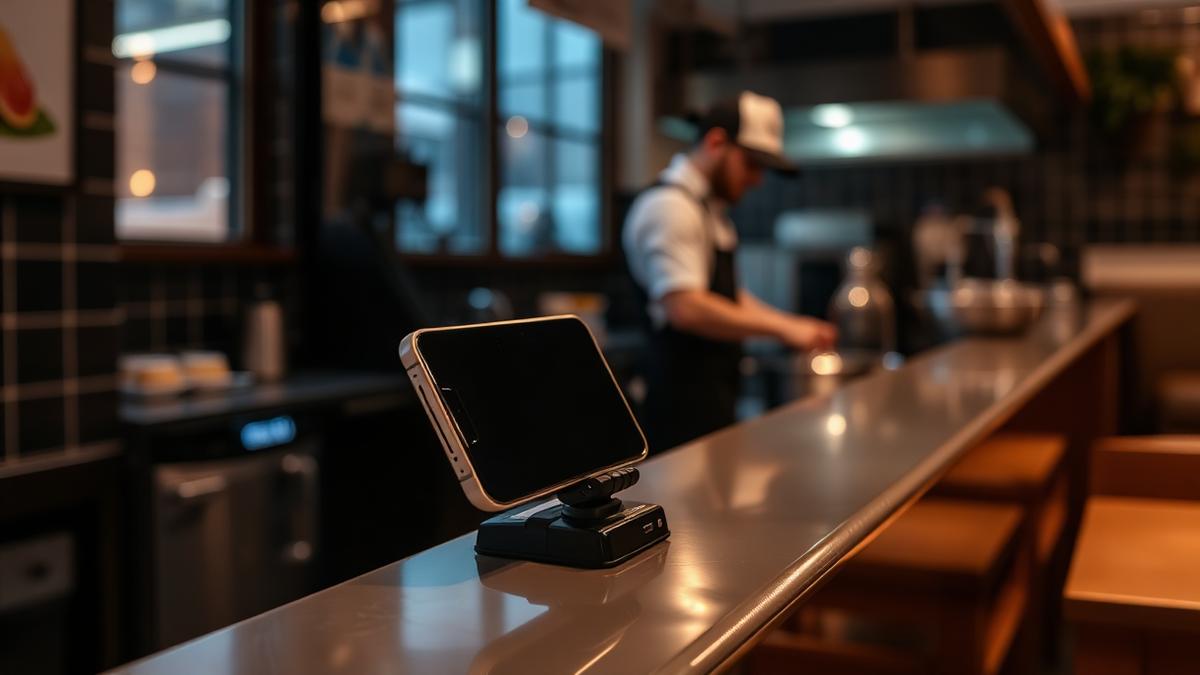 Phone propped on a restaurant pass rail while the cook works in the background