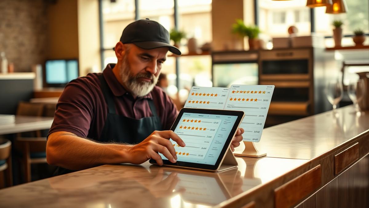 Restaurant owner comparing two review reply tools side by side on a tablet at the counter