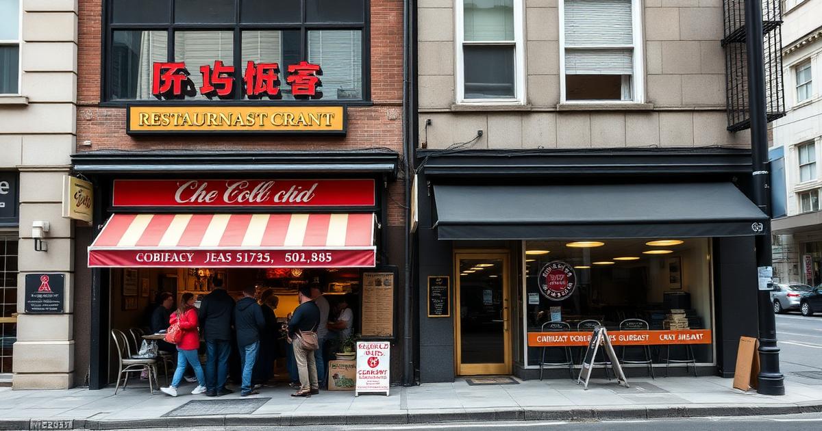 Two neighboring restaurant storefronts, one busy and one quiet, on a city street