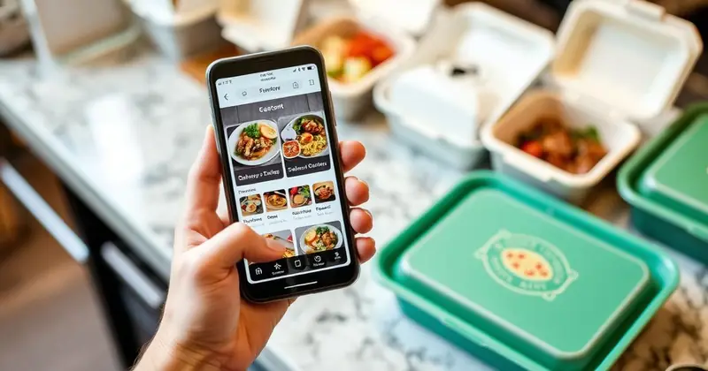 Phone showing a delivery app menu with dish photos beside takeout containers