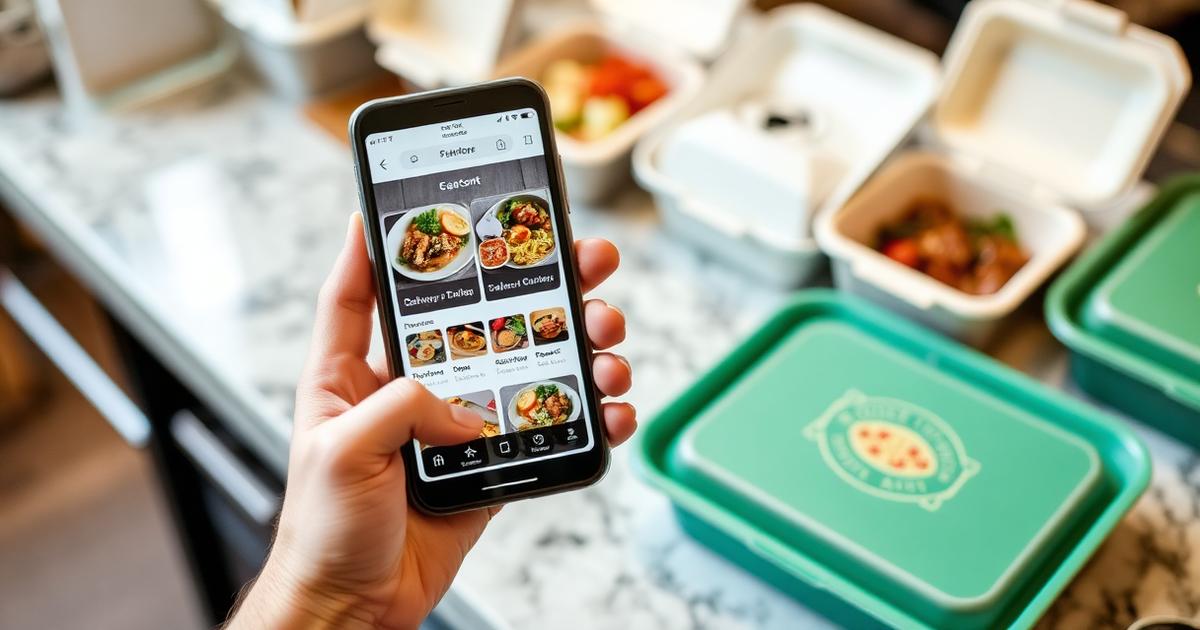 Phone showing a delivery app menu with dish photos beside takeout containers