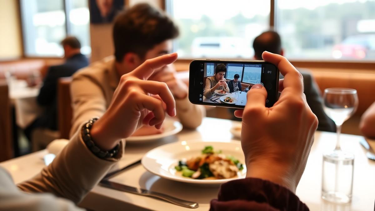 Guest photographing a plated dish with a phone at a bright restaurant table
