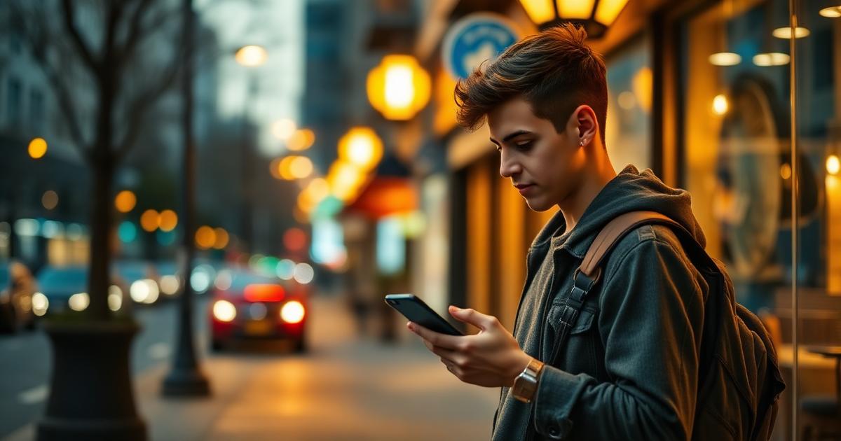 Diner searching for nearby restaurants on a phone on an evening city sidewalk