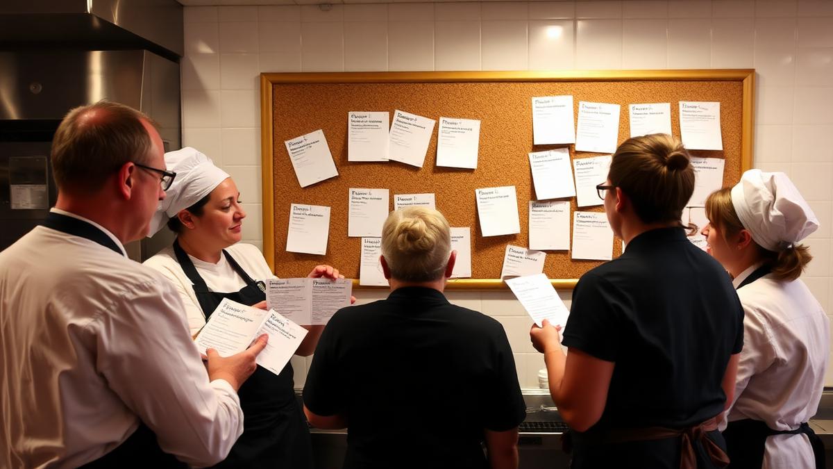 Restaurant kitchen team reading guest feedback notes pinned to a corkboard together