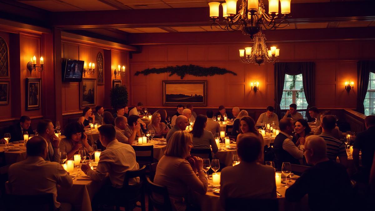 Warm candlelit dining room full of guests in an independent restaurant