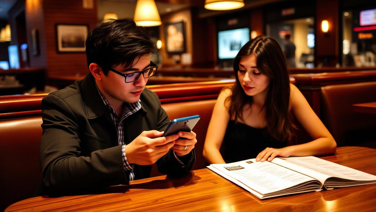Two diners reading restaurant reviews on a phone at their table before ordering
