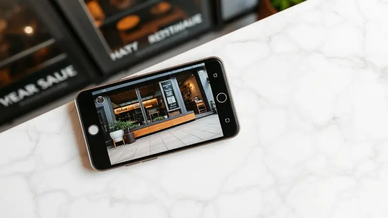 Phone on a counter displaying a freshly shot photo of a restaurant storefront