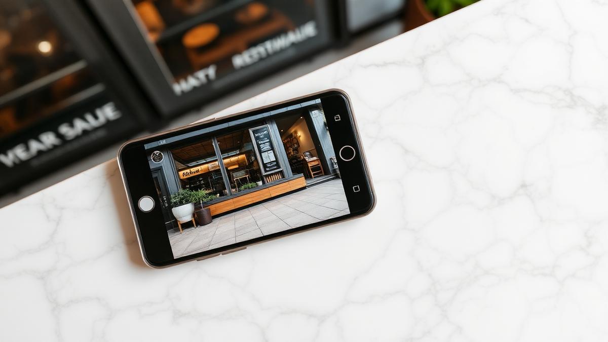 Phone on a counter displaying a freshly shot photo of a restaurant storefront