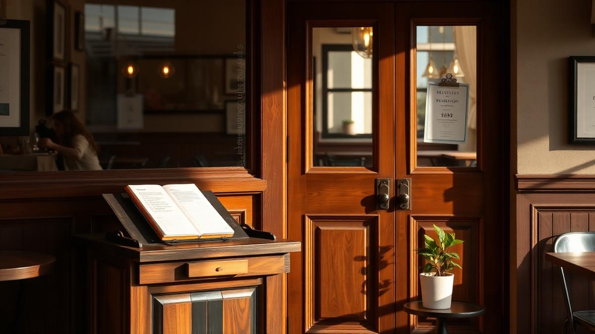Wooden host stand with a reservation book by the entrance of a warm bistro