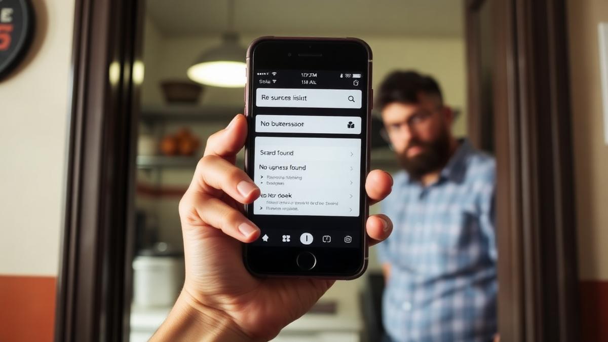 Phone showing a search with no restaurant listing found, owner standing in the kitchen doorway