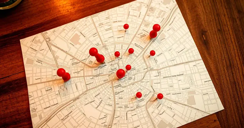 City map with red pins marking multiple restaurant locations on Google
