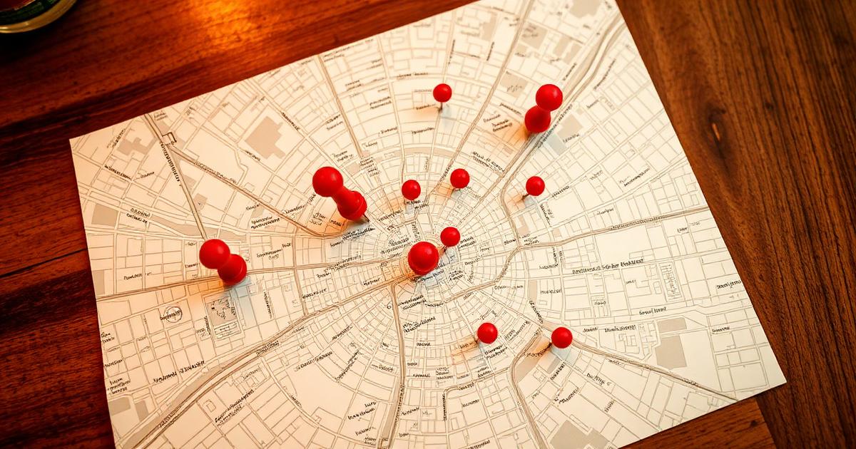 City map with red pins marking multiple restaurant locations on Google