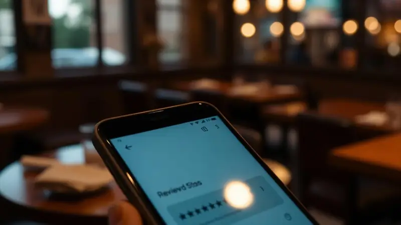 Restaurant owner calmly reading a one-star Google review on a laptop before replying