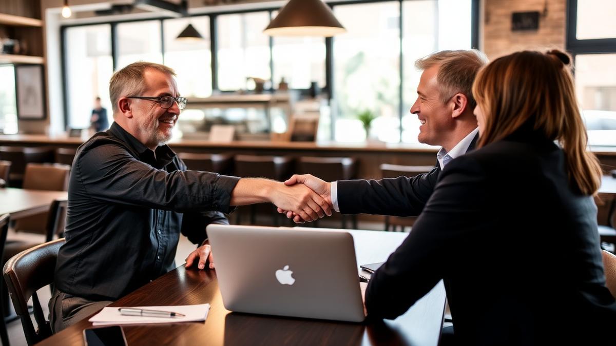 Restaurant owner shaking hands with a marketing advisor across a table with a laptop