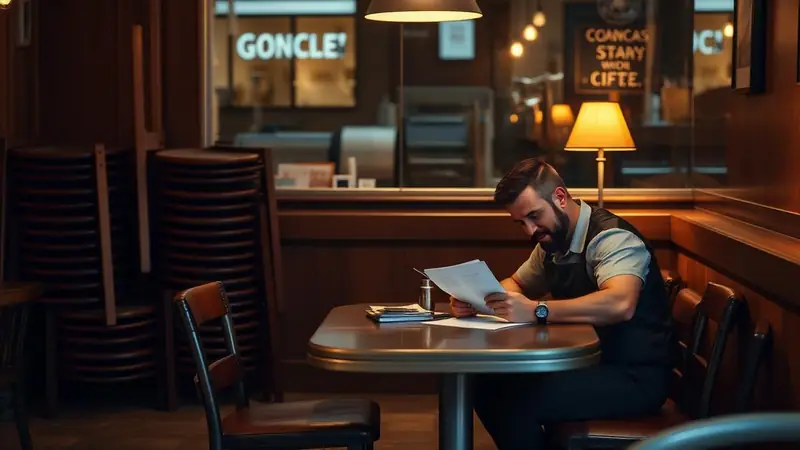 Restaurant owner doing paperwork alone at a table after closing, chairs stacked around