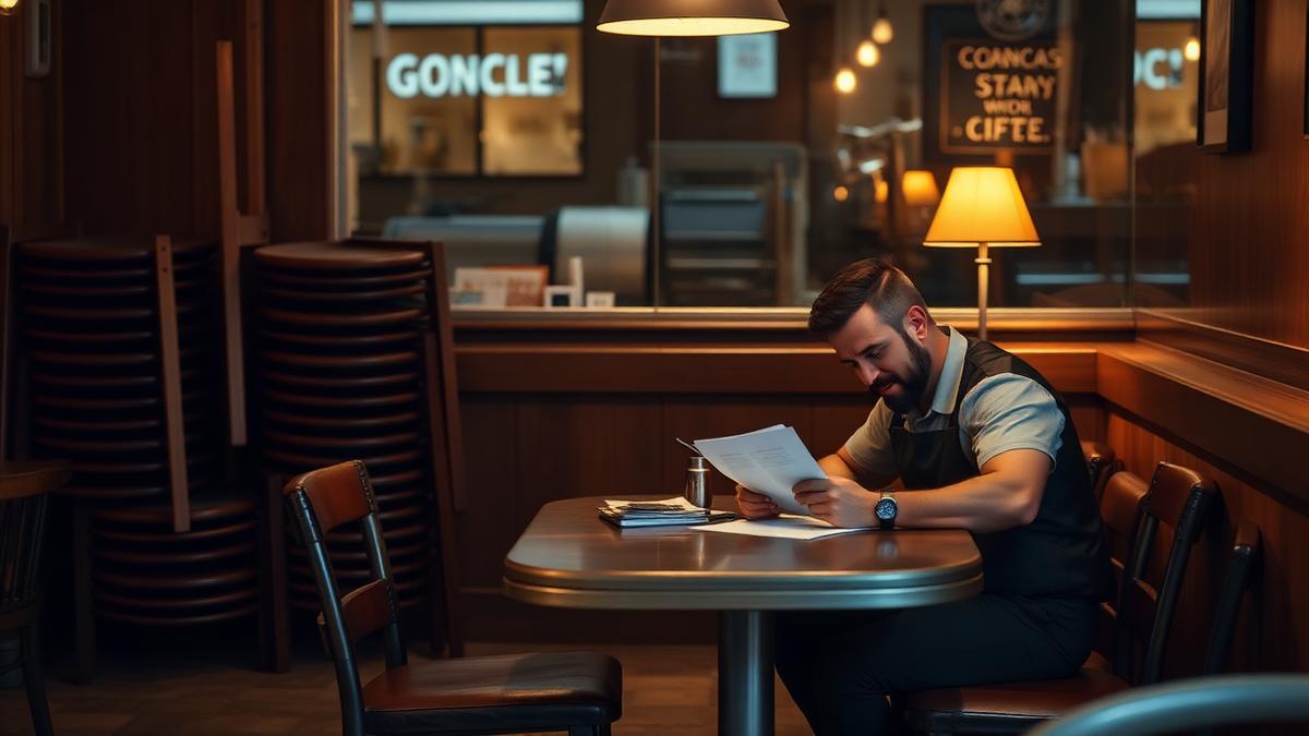 Restaurant owner doing paperwork alone at a table after closing, chairs stacked around