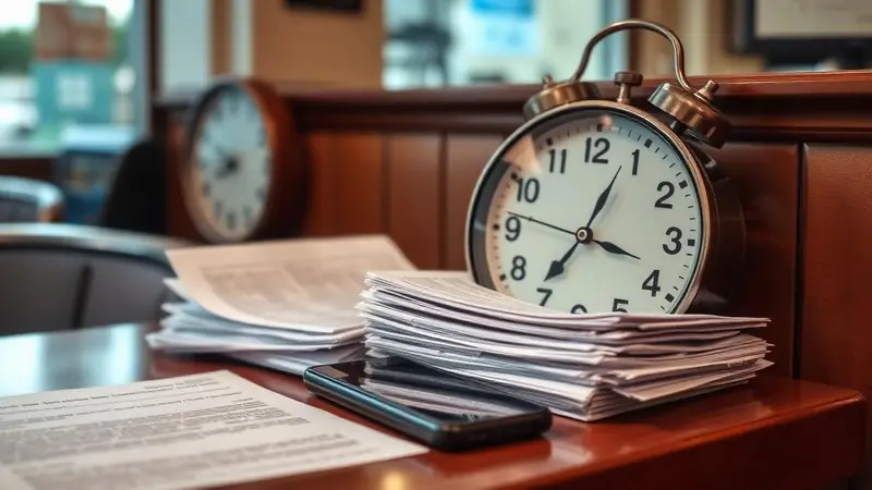 Alarm clock beside an untouched stack of paperwork and a face-down phone on a restaurant desk