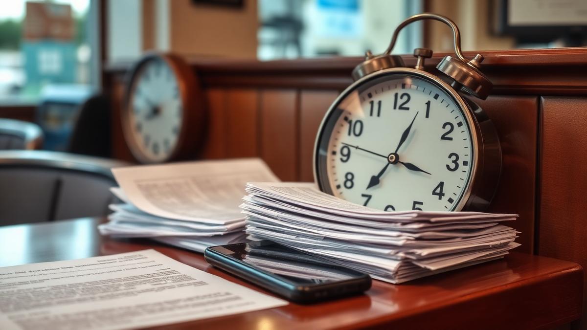 Alarm clock beside an untouched stack of paperwork and a face-down phone on a restaurant desk