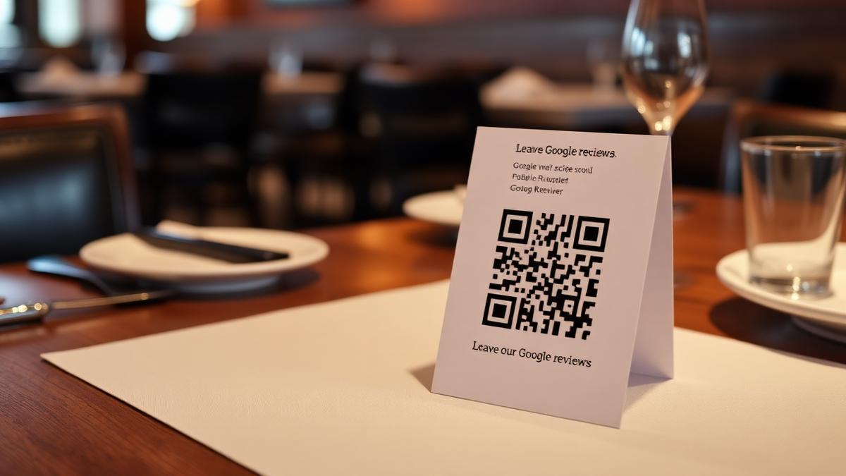 Check presenter on a restaurant table with a QR code card asking guests to leave a Google review