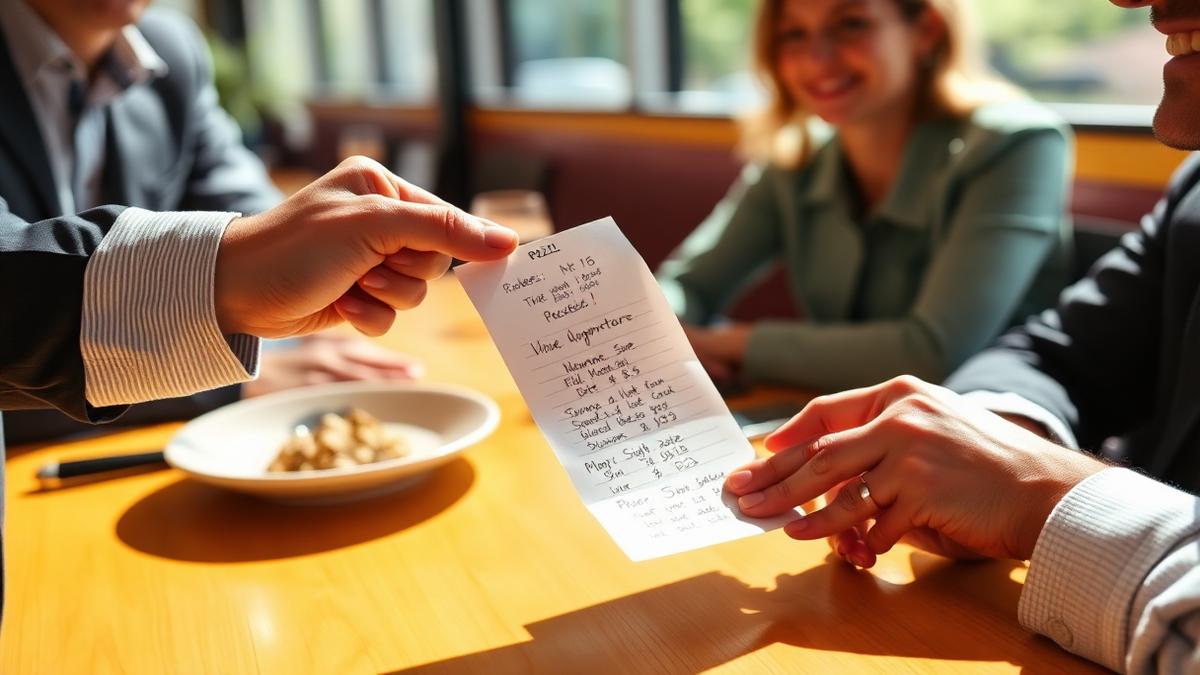 Server handing a receipt with a handwritten review request to smiling diners