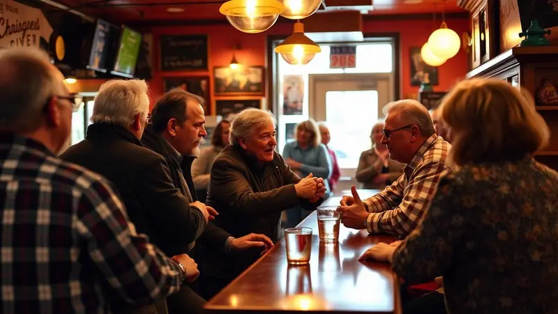 Regular customers chatting along the bar of a small neighbourhood restaurant