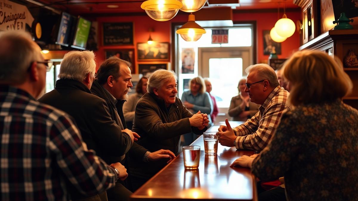 Regular customers chatting along the bar of a small neighbourhood restaurant