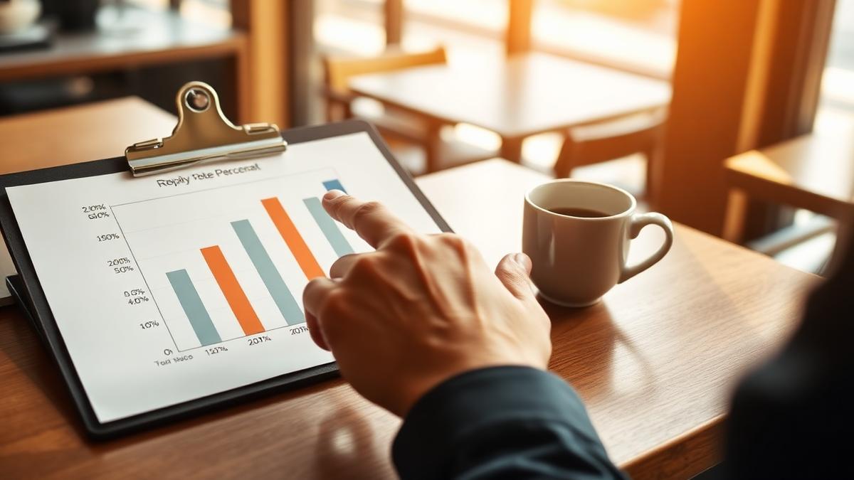 Restaurant manager reviewing a printed chart comparing review reply rates on a clipboard