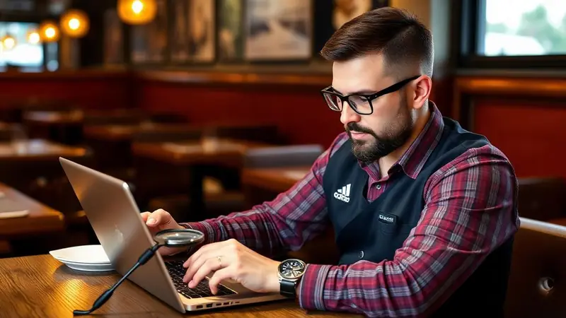 Restaurant owner flagging a fake Google review from a laptop dashboard