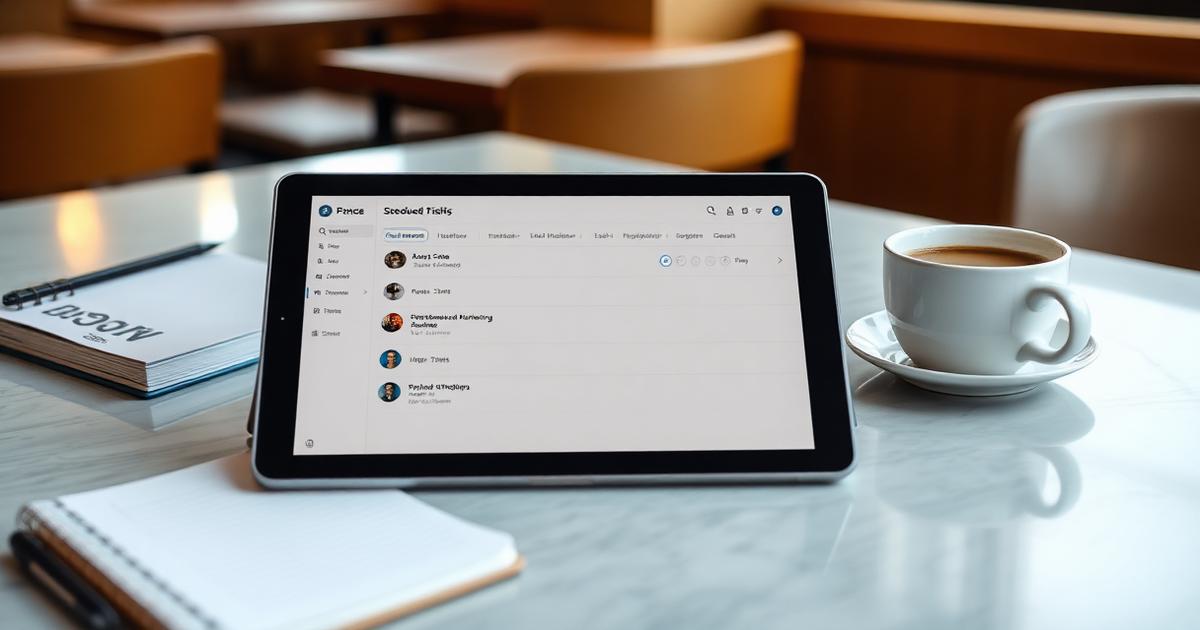 Tablet showing an automated restaurant marketing workflow on an office desk