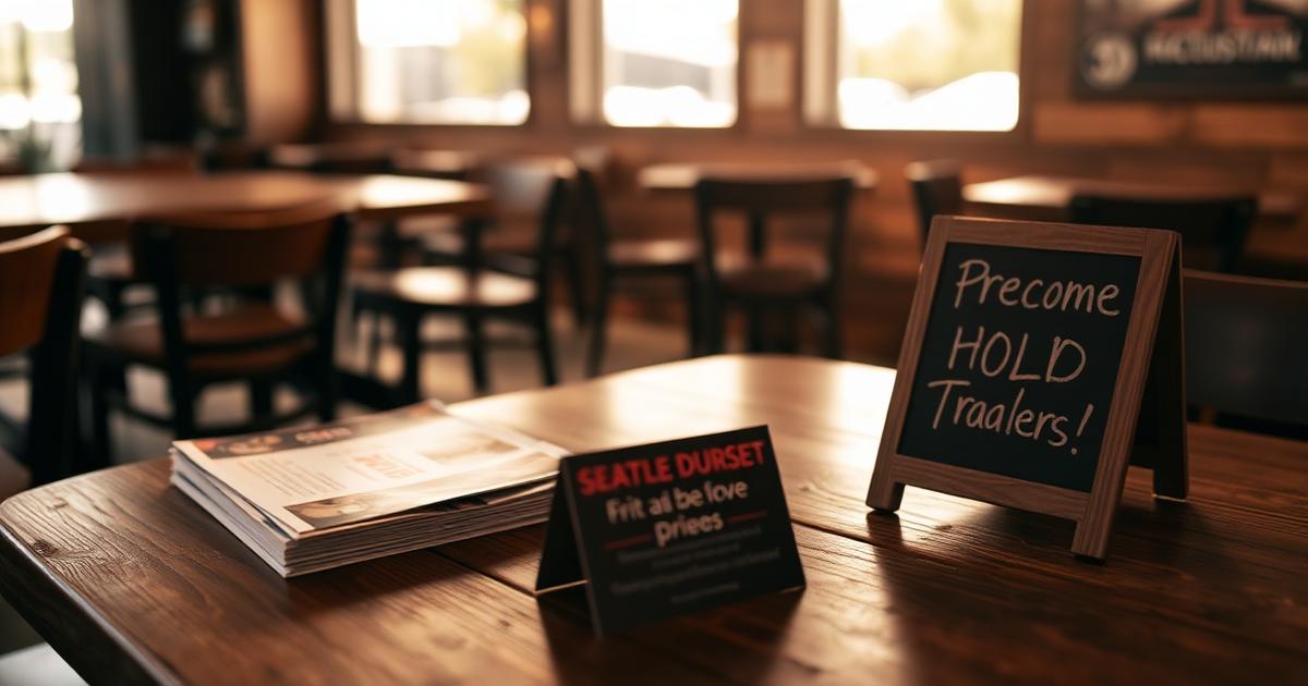 Printed flyers and table tent promos on a restaurant table for local marketing