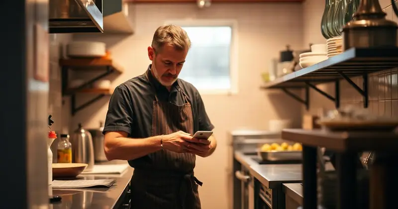 Tired restaurant owner updating their Google listing on a phone in the kitchen