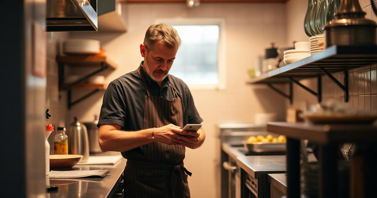 Restaurant owner checking an outdated Google listing on a phone during service