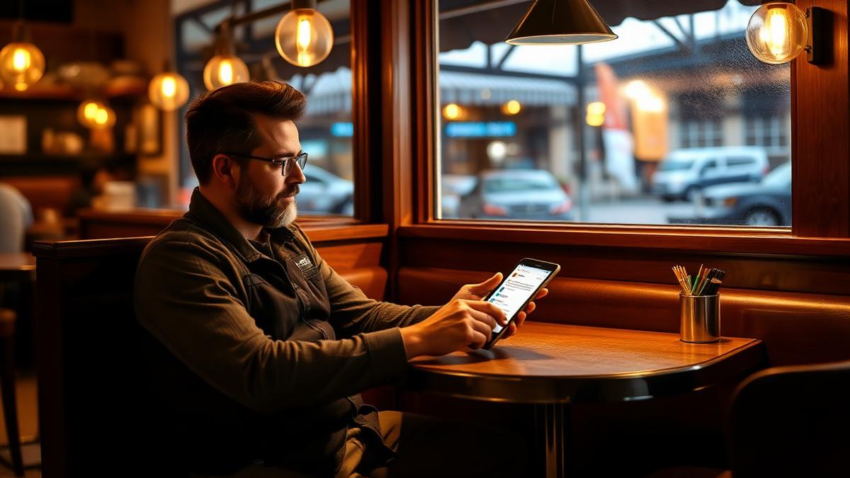 Restaurant owner reading a Google review on a phone while drafting a reply at the pass