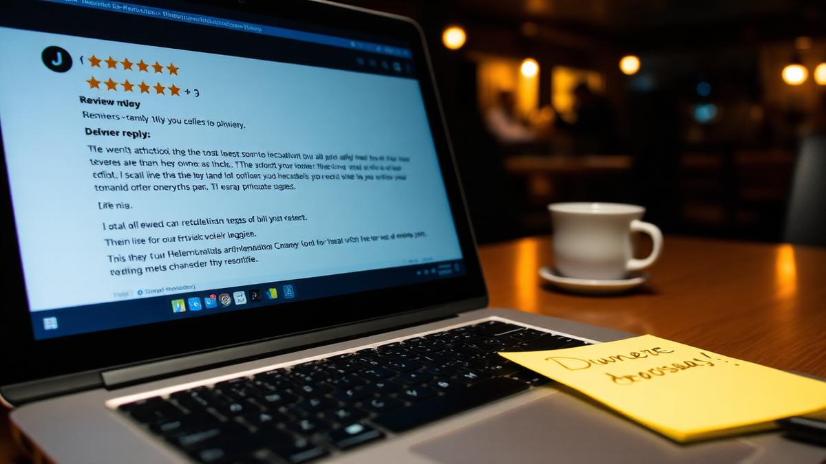 Laptop showing a review with an owner reply typed underneath in a restaurant back office