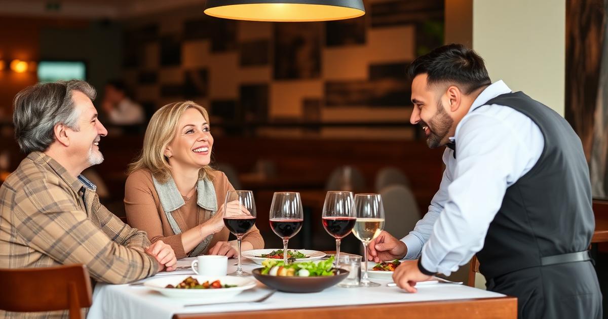 Smiling guests thanking their server at the end of a restaurant meal