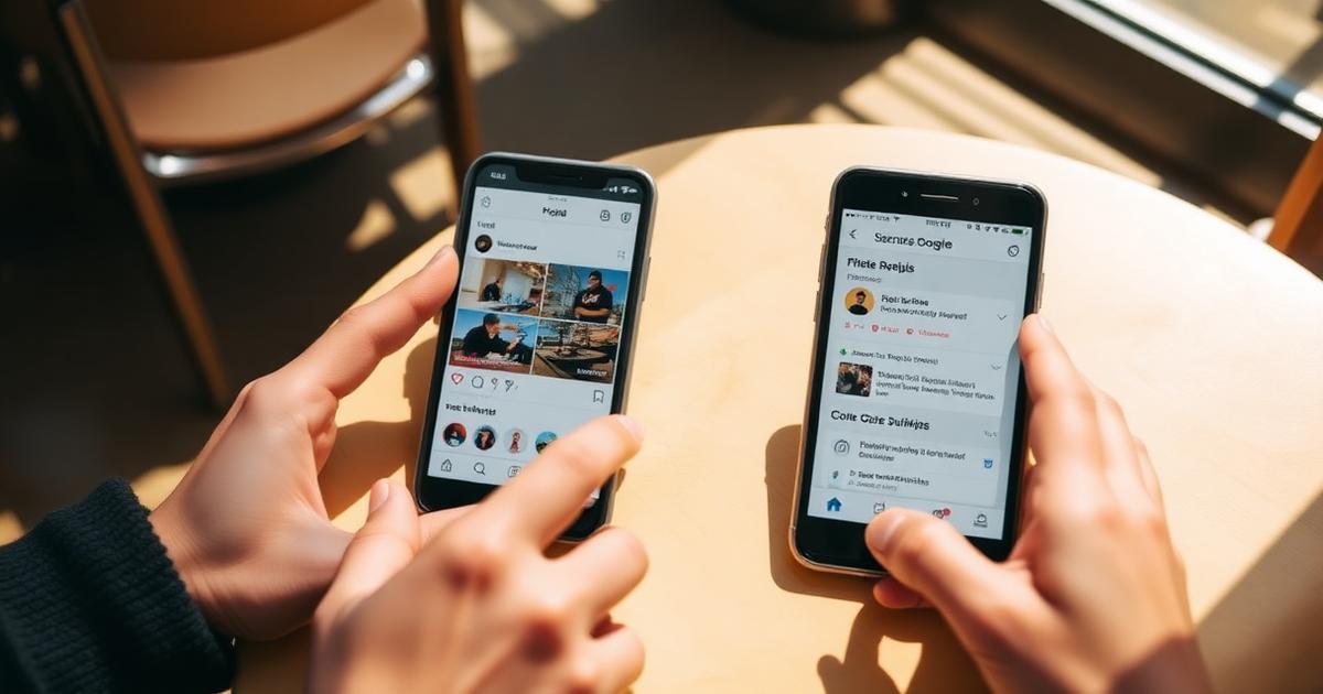 Two phones comparing a social media feed with a restaurant search results page