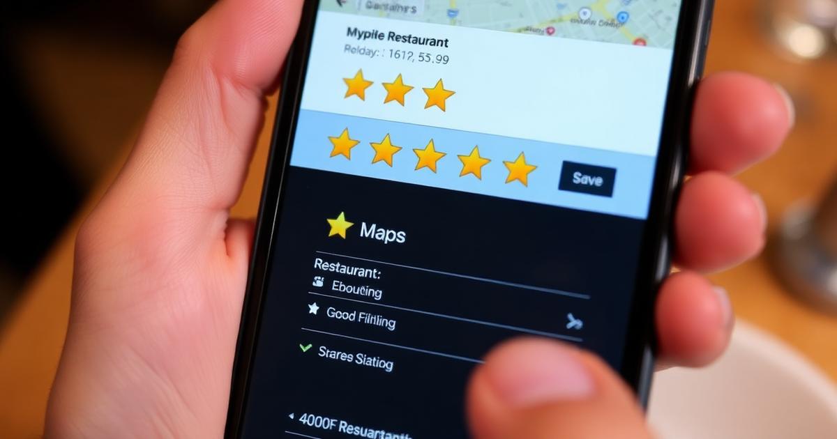 Phone showing a restaurant listing with star ratings in a near me search