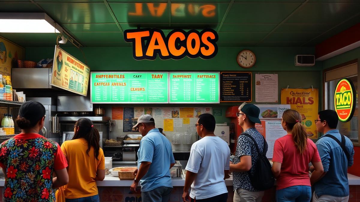 Customers queuing at the counter of a busy neighbourhood taco shop