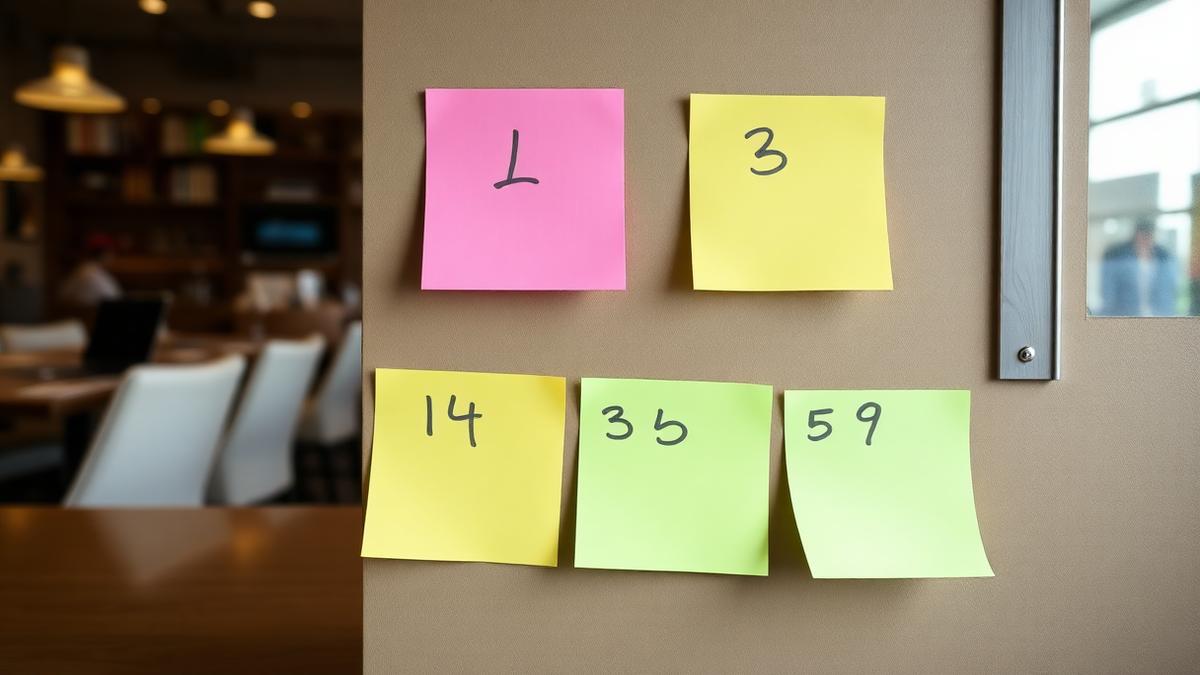 Numbered sticky notes on a restaurant office wall next to a laptop