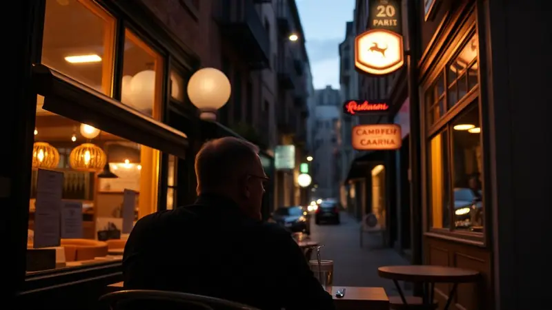 Diner sitting outside at dusk comparing two restaurants across a narrow street