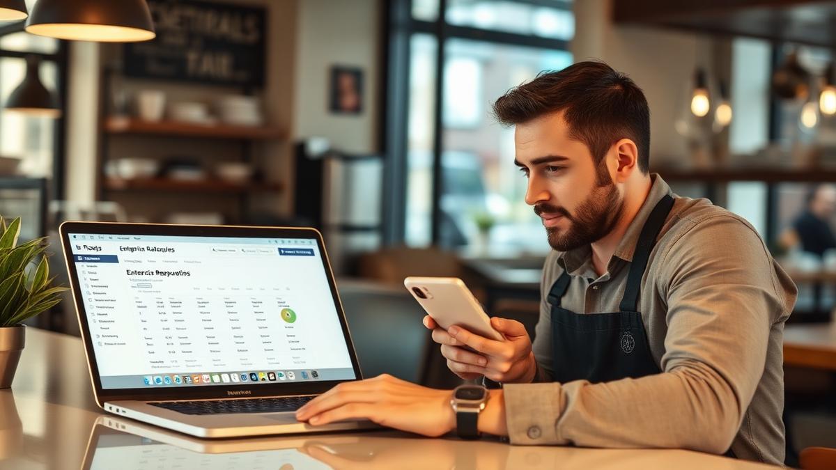 Restaurant owner comparing an enterprise reputation dashboard on a laptop with a simple review reply app on a phone