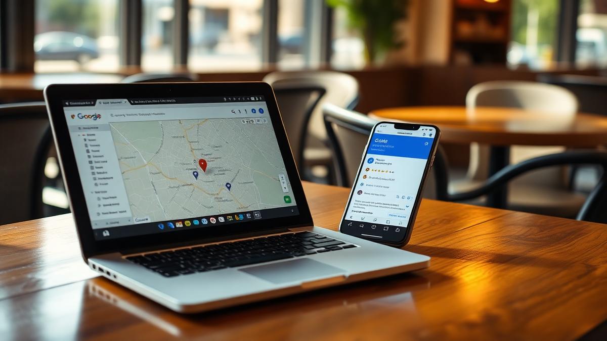 Laptop showing a local map ranking grid for a restaurant beside a phone showing a published Google review reply