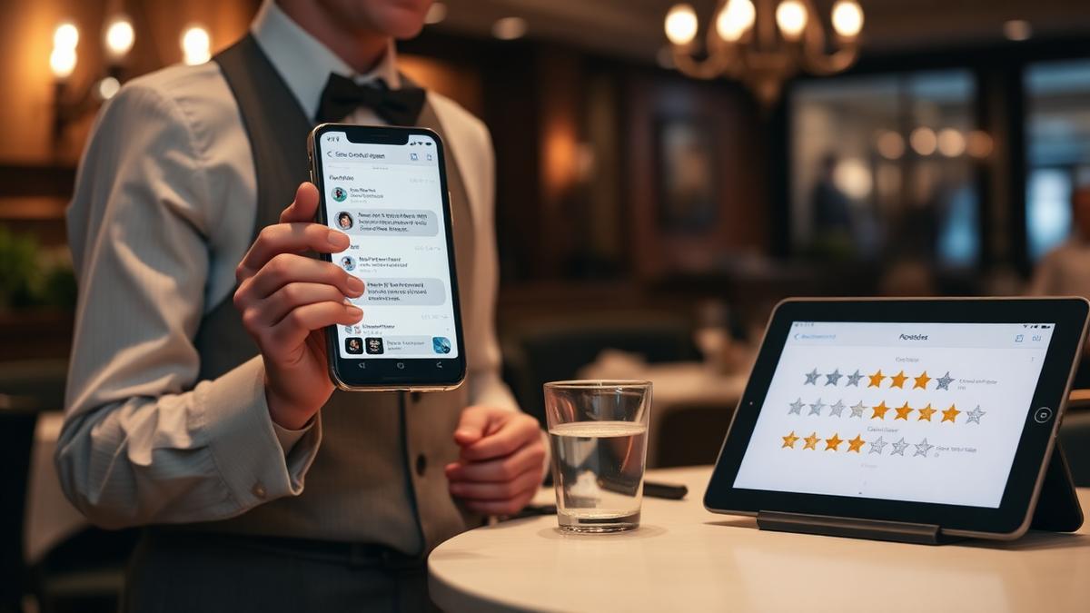 Restaurant host holding a phone with guest text messages next to a tablet showing star ratings