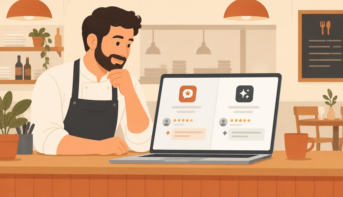 Restaurant owner comparing two Google review reply tools on a laptop