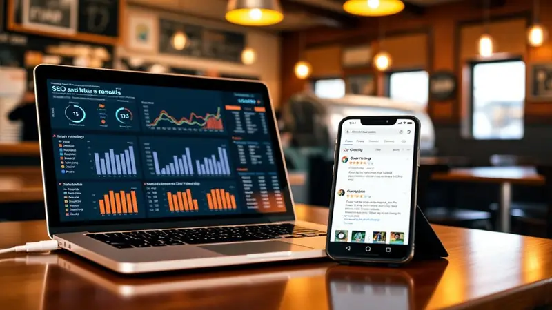 Local SEO dashboard beside a published Google review reply for a restaurant